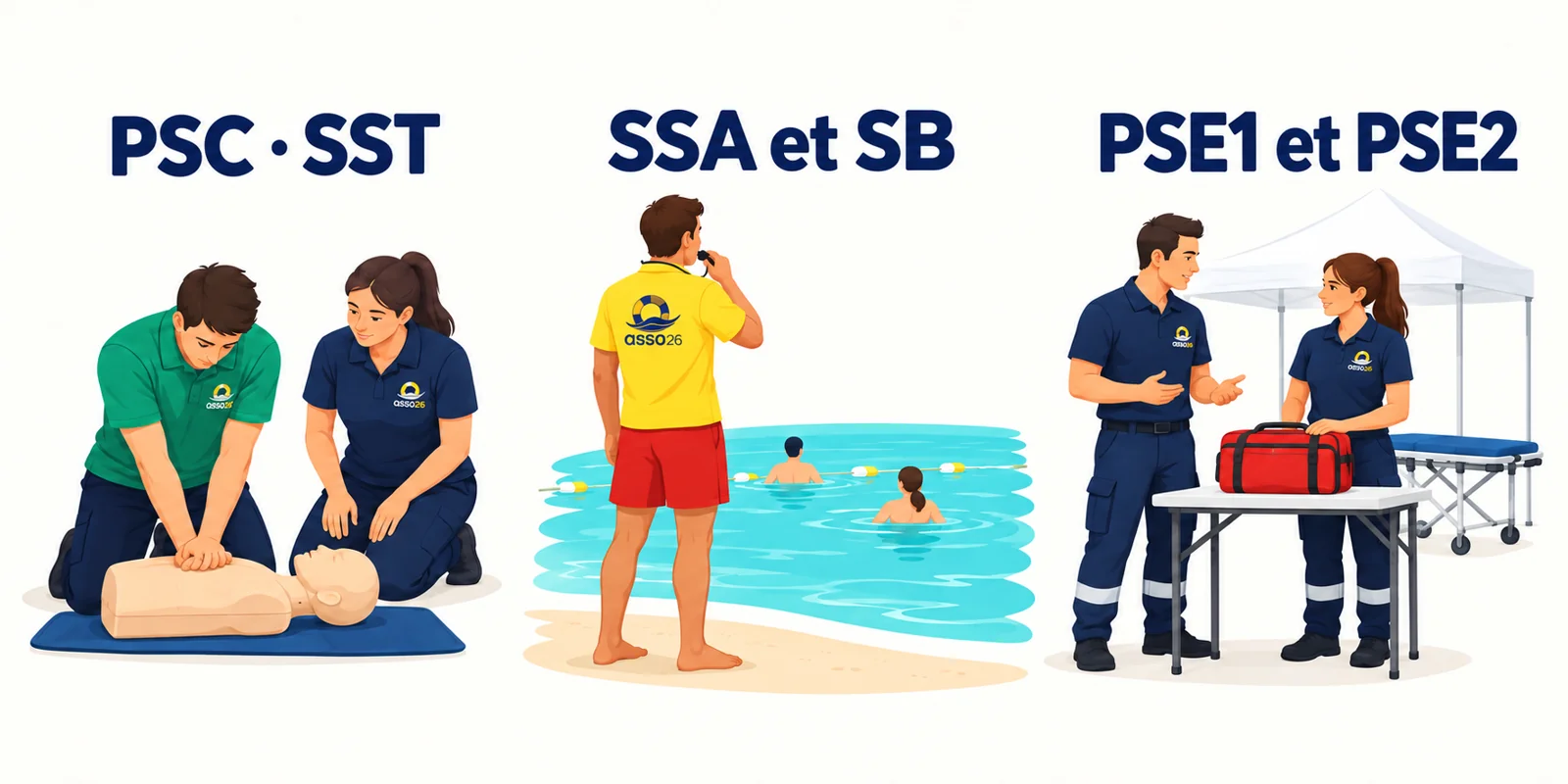 Les formations ASSA26 : PSC et SST, surveillance aquatique SSA et SB, et secourisme en équipe PSE1 et PSE2.